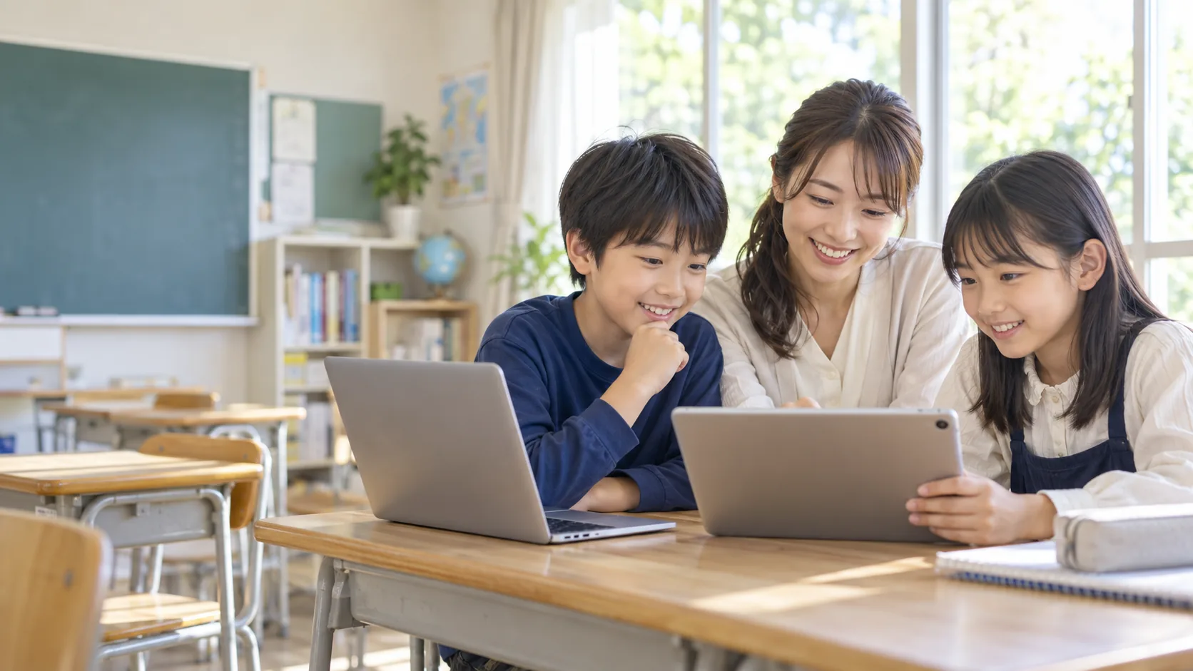 タブレットとノートパソコンで学ぶ子どもたちと先生