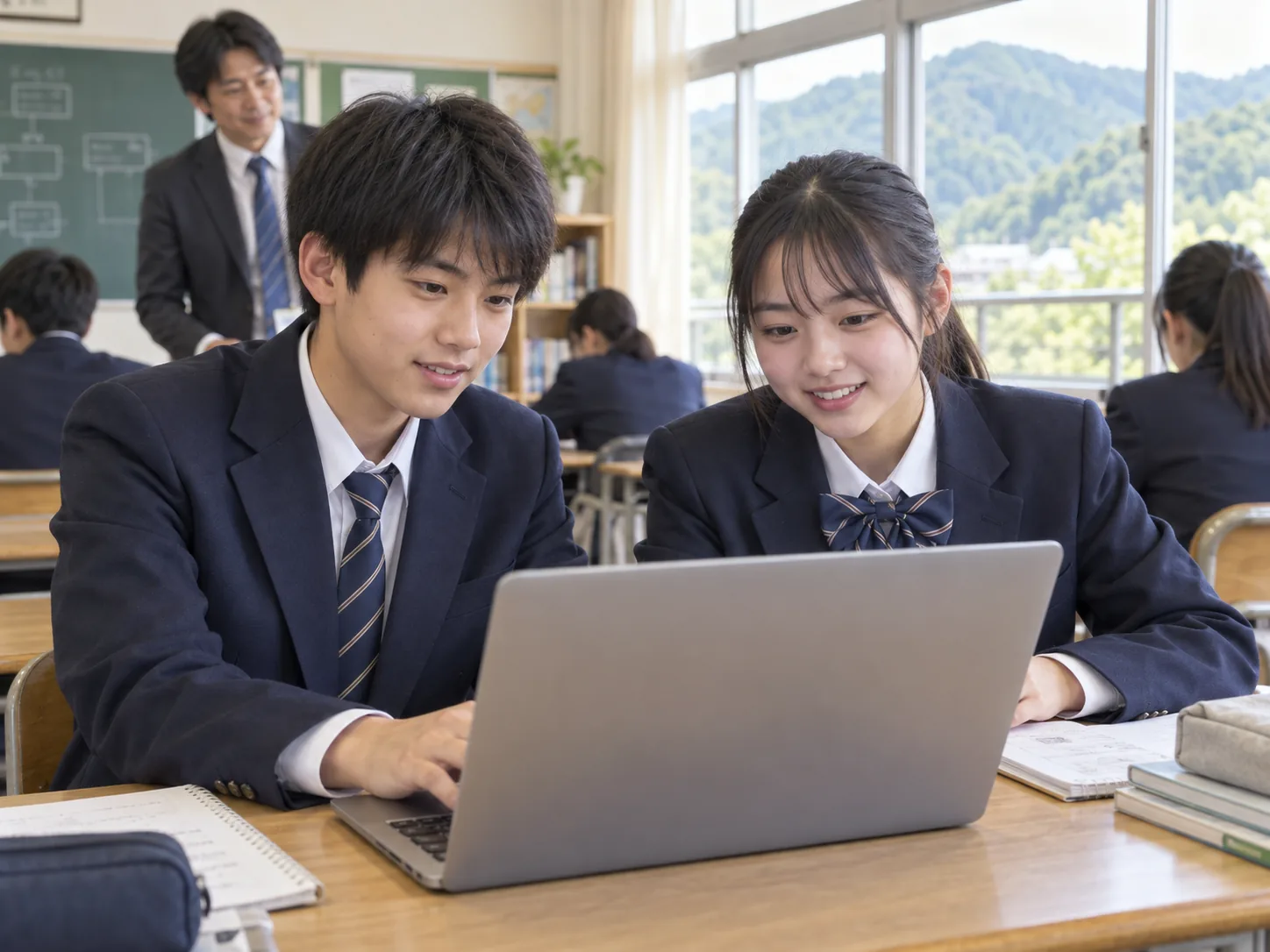 ノートパソコンで学び合う中学生